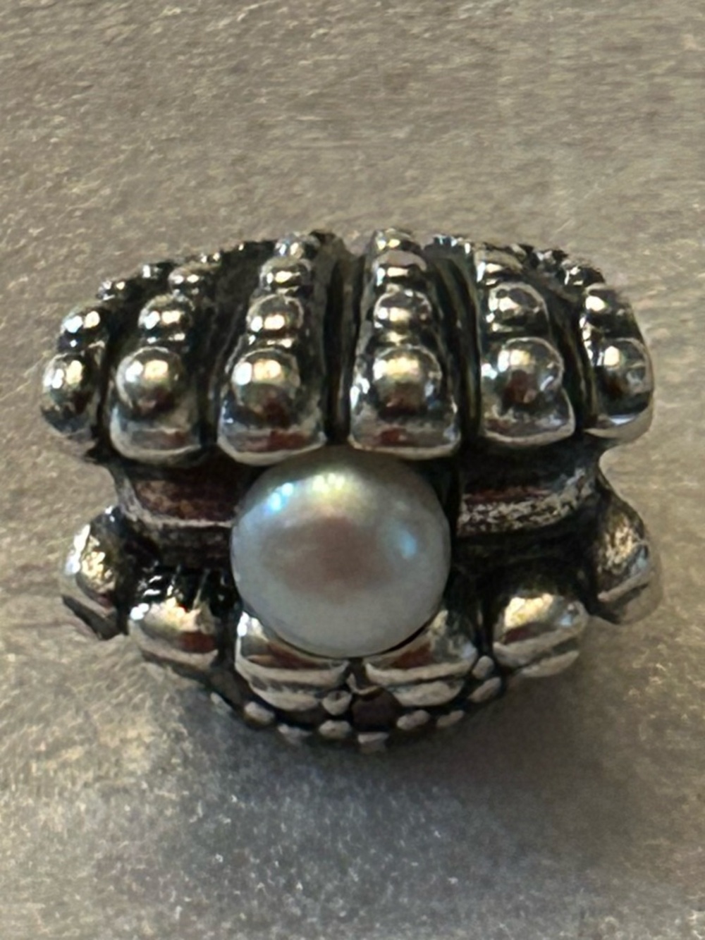 PANDORA Silver Beaded Clam with Pearl Charm Authentic and Retired Style